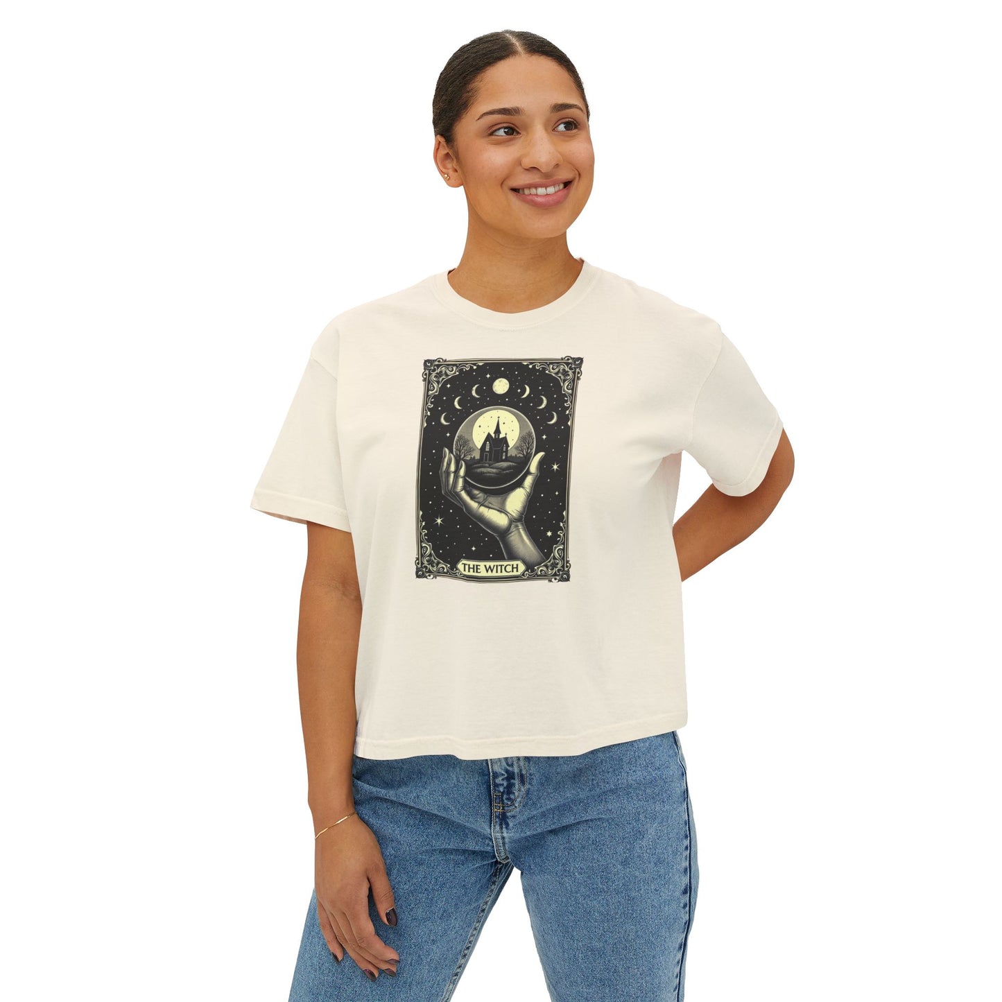 Witch Tarot Boxy Tee - Mystic Crystal Ball Graphic Women’s Crop Shirt