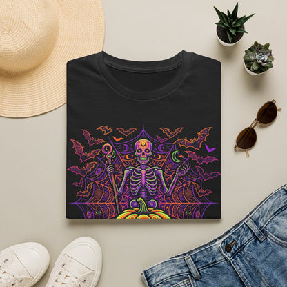 Skeleton Sorcerer Halloween T-Shirt — Jack-O'-Lantern & Bats Spooky Tee