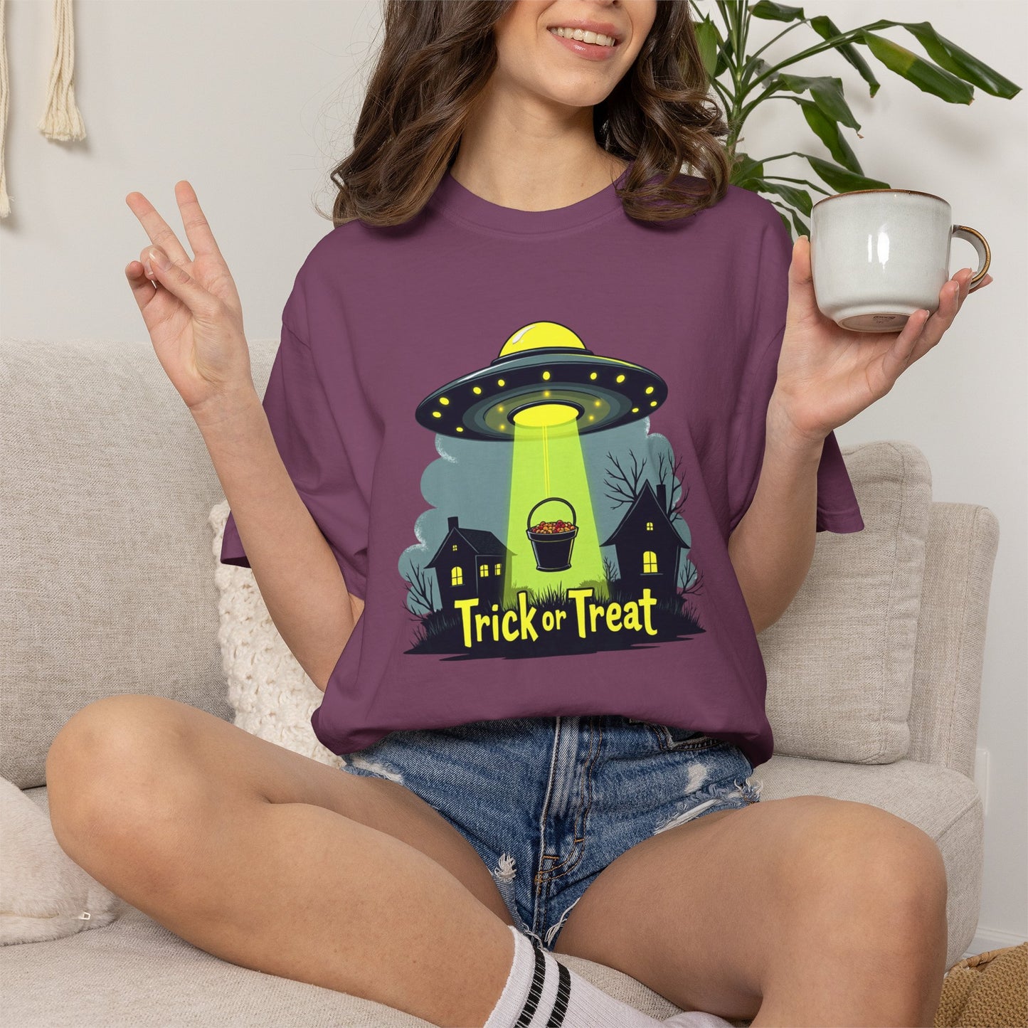 Halloween UFO Trick or Treat T-Shirt — Alien Abduction Spooky Tee