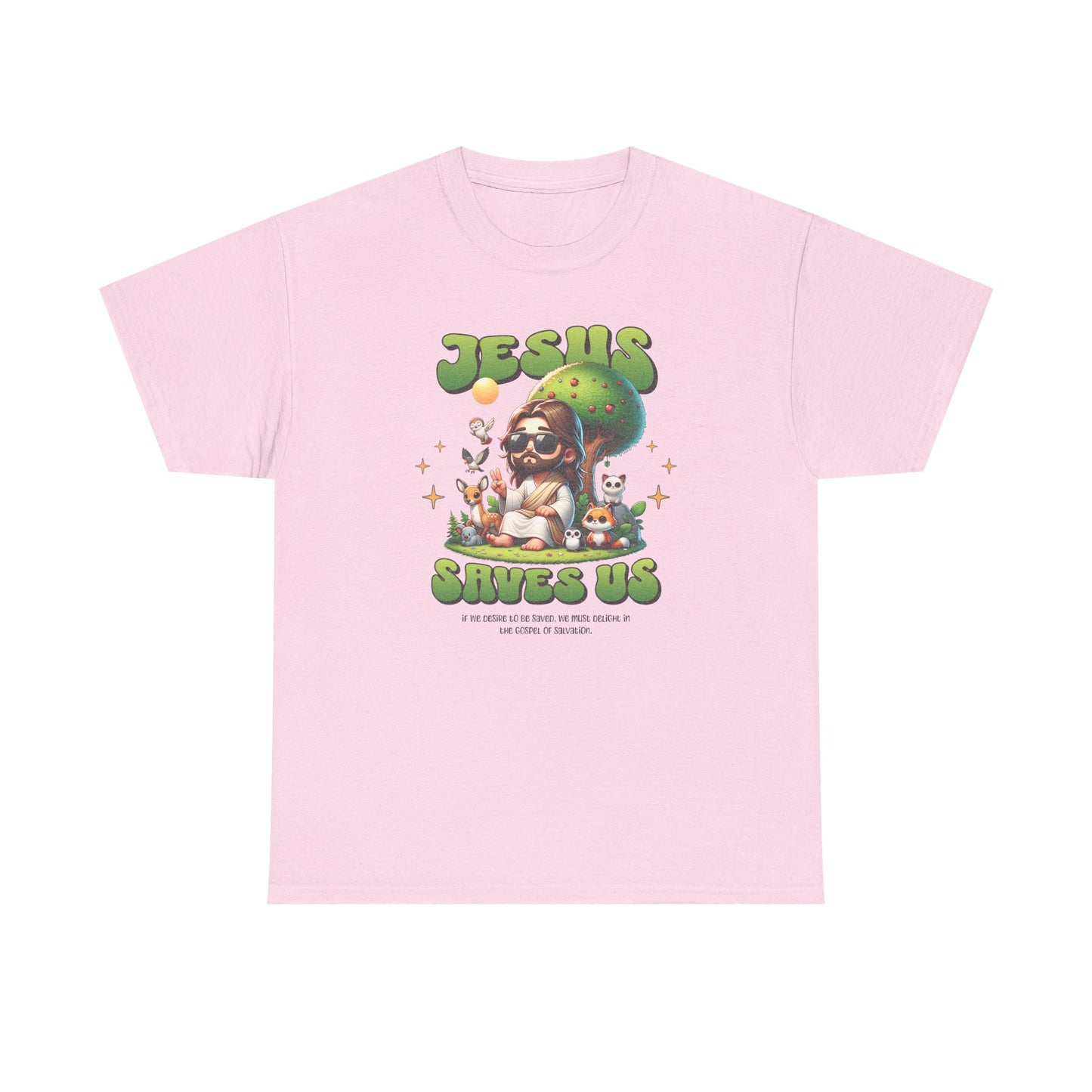 Jesus Saves Us T-Shirt — Cute Retro Jesus with Animals Christian Faith Tee