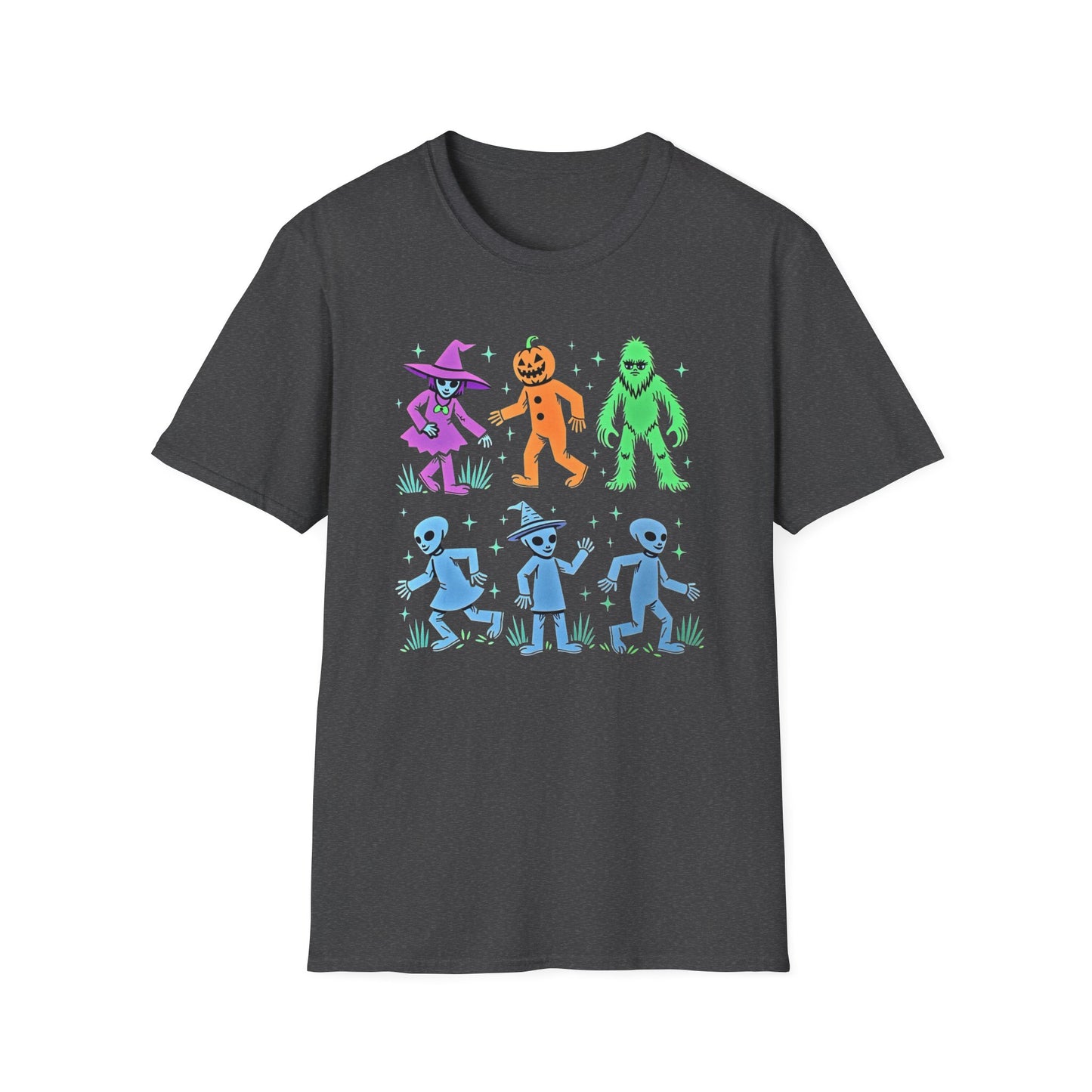 Halloween Monster Dance T-Shirt — Neon Witch, Pumpkin & Yeti Graphic Tee