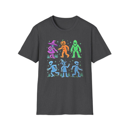 Halloween Monster Dance T-Shirt — Neon Witch, Pumpkin & Yeti Graphic Tee