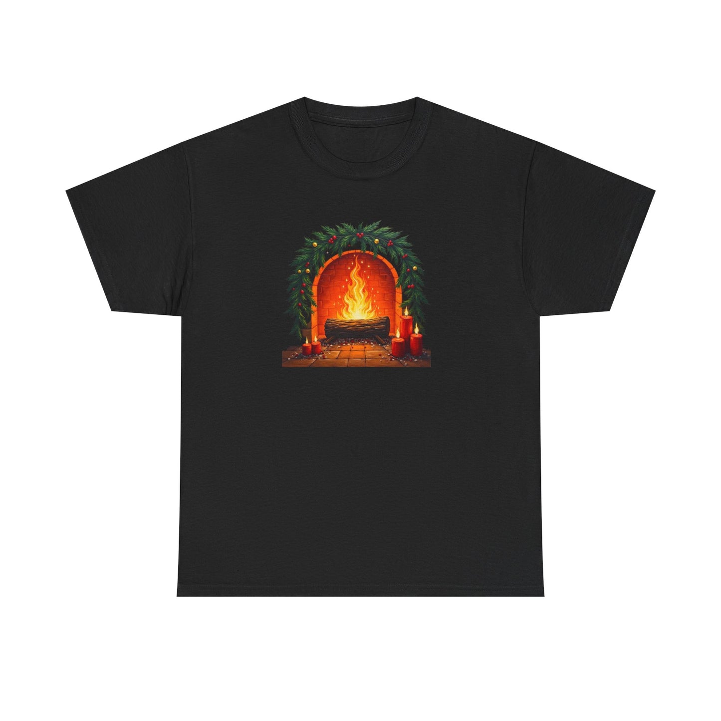 Cozy Holiday Fireplace T-Shirt — Vintage Log Fire Christmas Tee