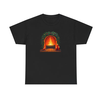 Cozy Holiday Fireplace T-Shirt — Vintage Log Fire Christmas Tee