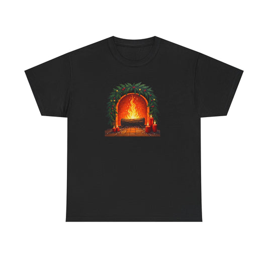 Cozy Holiday Fireplace T-Shirt — Vintage Log Fire Christmas Tee