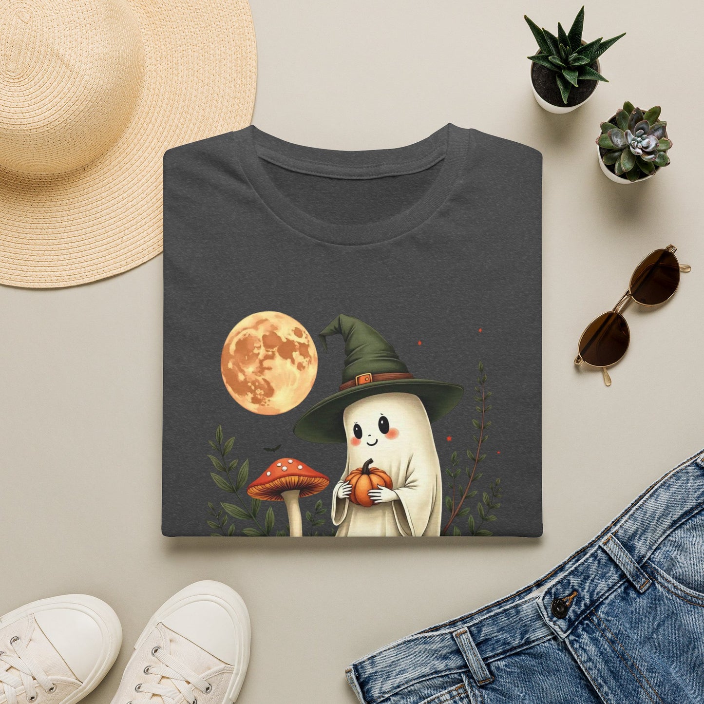 Ghost Witch T‑Shirt — Cute Halloween Moon, Pumpkin & Mushroom Design