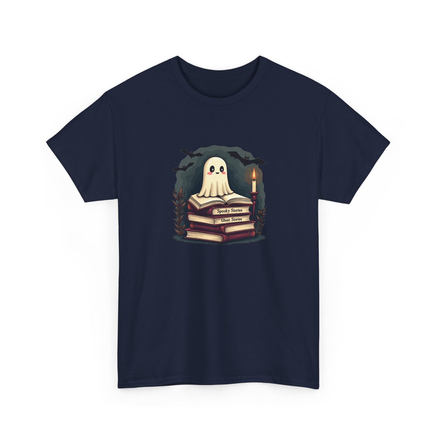 Ghost Reader T-Shirt — Cute Ghost on Stacked Books Halloween Tee