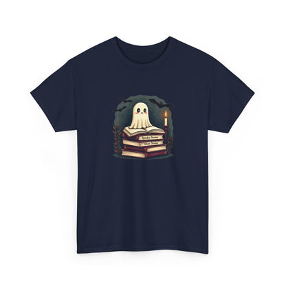 Ghost Reader T-Shirt — Cute Ghost on Stacked Books Halloween Tee