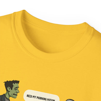 Funny Halloween Tee — Frankenstein & Mummy Coffee Joke Shirt