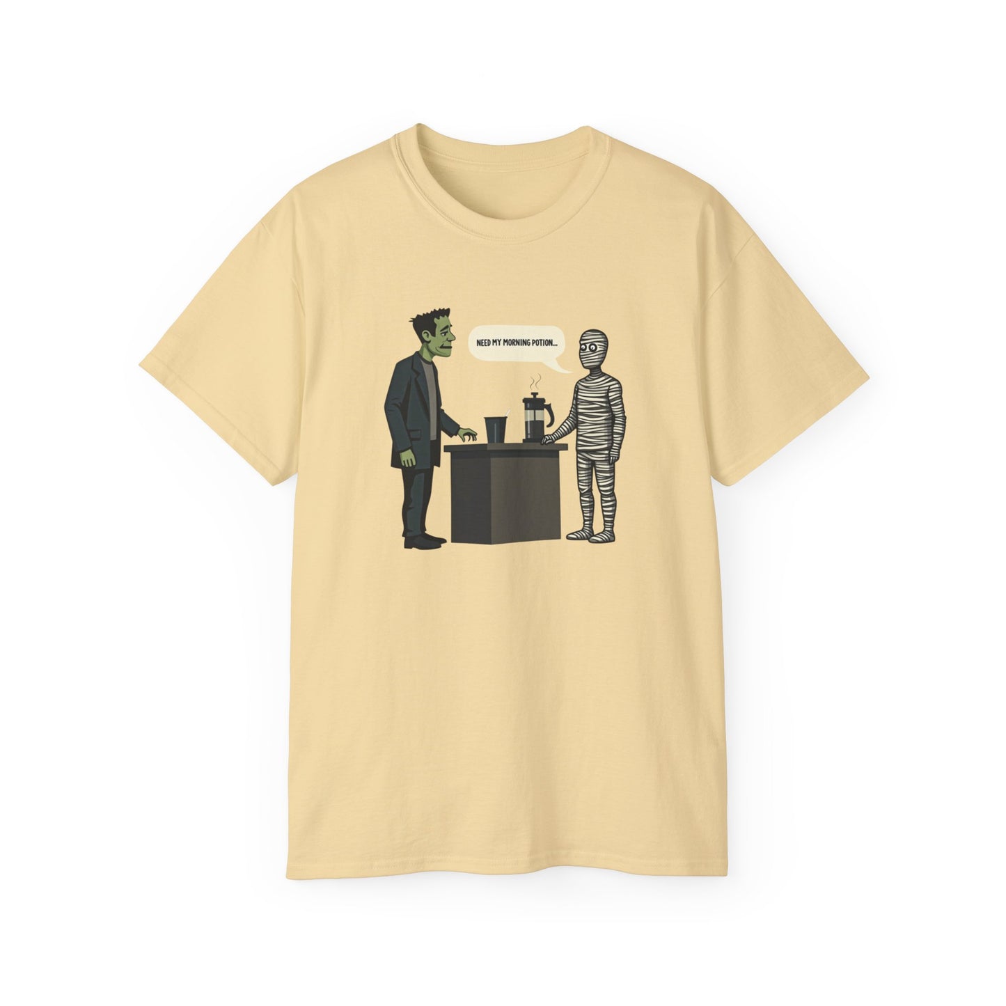 Funny Halloween Tee — Frankenstein & Mummy Coffee Joke Shirt