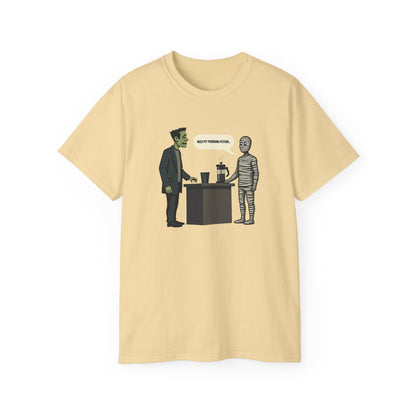 Funny Halloween Tee — Frankenstein & Mummy Coffee Joke Shirt