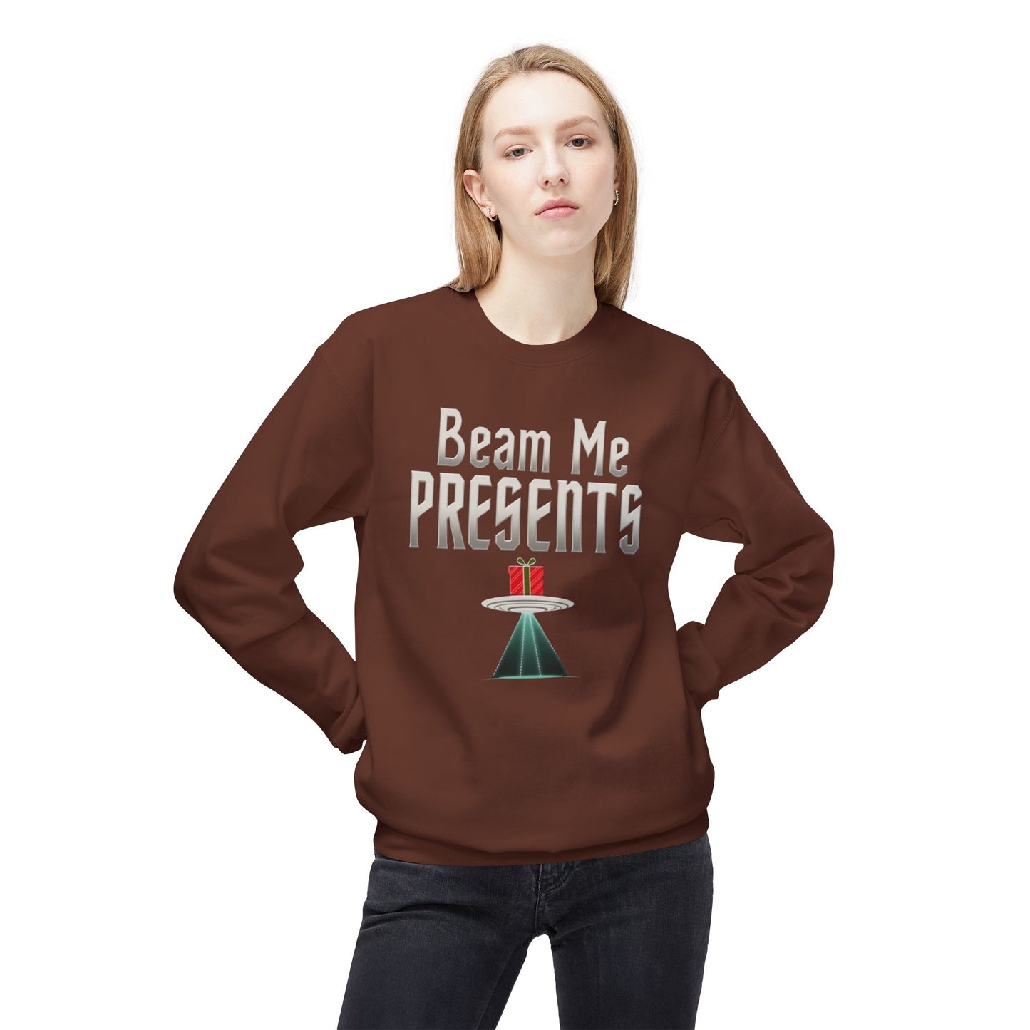 Crewneck Sweatshirt — "Beam Me Presents" UFO Holiday Gift Sweatshirt