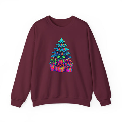 Psychedelic Christmas Tree Sweatshirt — Colorful Holiday Tree with Gifts Crewneck