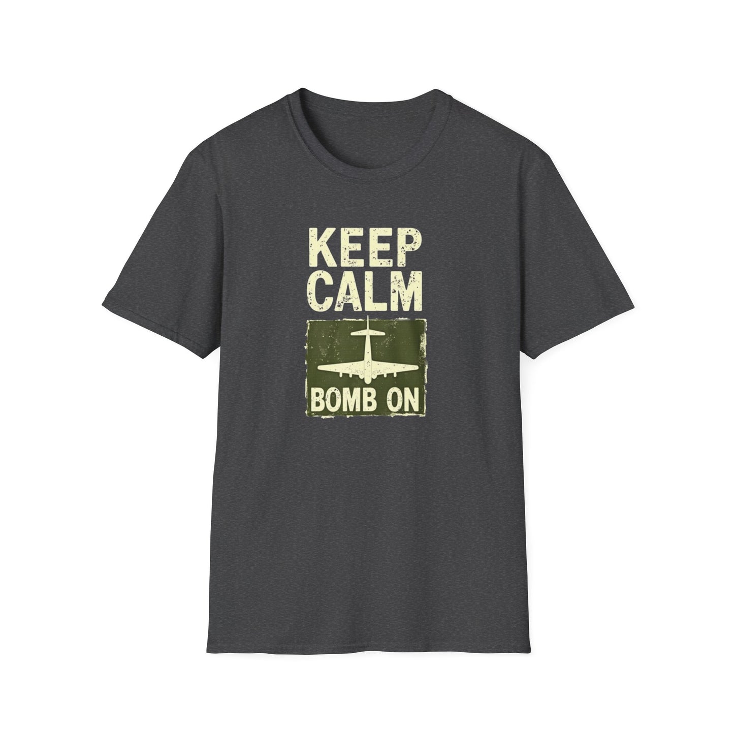 Keep Calm and Bomb On Unisex Softstyle T-Shirt, Casual Wear, Gift for Veterans, Military Humor, Comfortable Tees