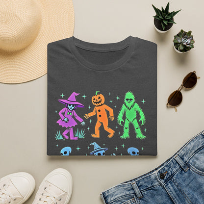 Halloween Monster Dance T-Shirt — Neon Witch, Pumpkin & Yeti Graphic Tee