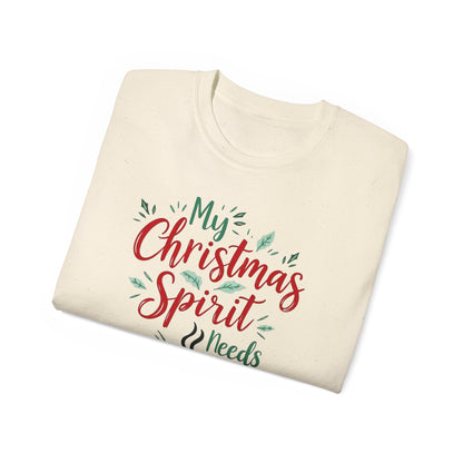 Christmas Coffee Tee - "My Christmas Spirit Needs Coffee" Holiday T-Shirt