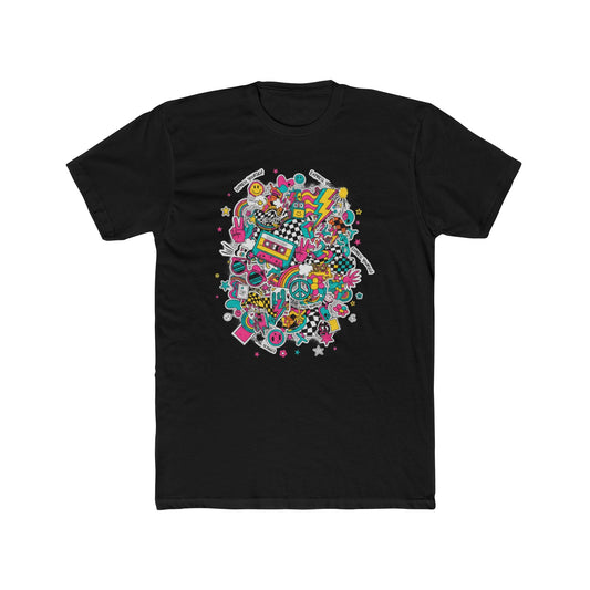 Retro 80’s Doodle Tee — Colorful Nostalgic Cassette & Arcade Graphic T-Shirt