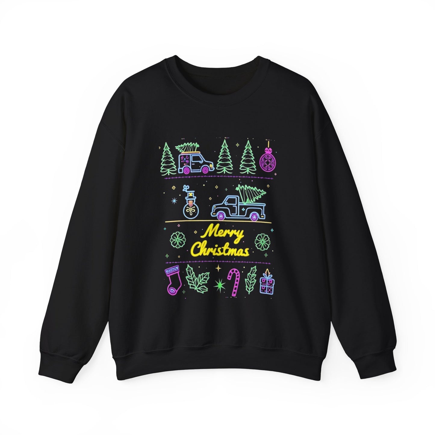 Christmas Crewneck Sweatshirt — Neon Holiday Tree "Merry Christmas" Design