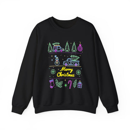 Christmas Crewneck Sweatshirt — Neon Holiday Tree "Merry Christmas" Design