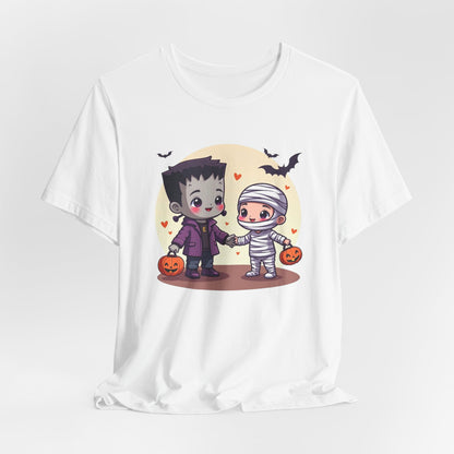 Cute Halloween Kids Tee — Frankenstein & Mummy Trick-or-Treat Graphic Shirt