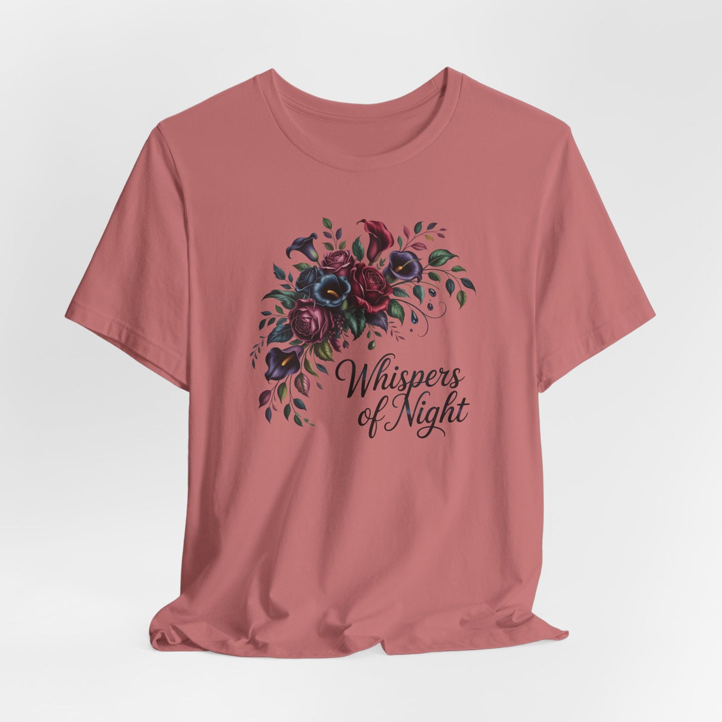 Whispers of Night Floral Tee — Dark Rose Bouquet Graphic T-Shirt