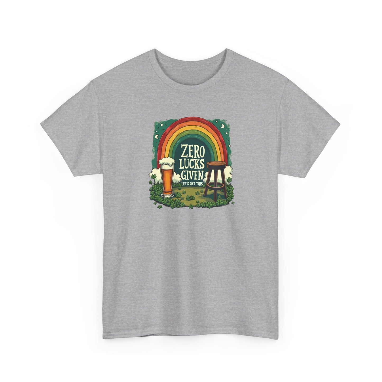 St. Patrick’s Day Tee — "Zero Lucks Given" Rainbow & Beer Graphic T-Shirt