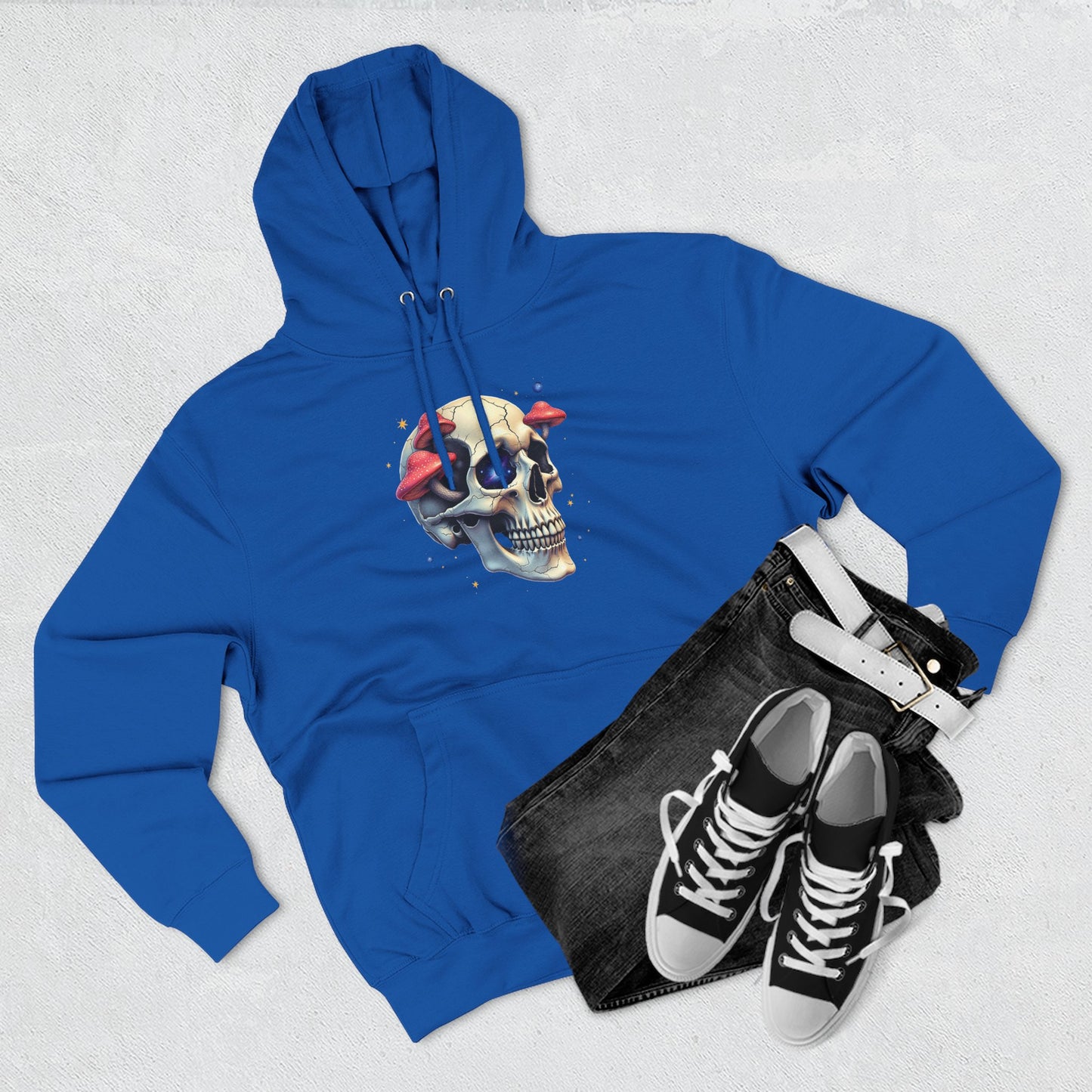 Skull & Mushrooms Hoodie — Gothic Skull with Red Mushroom Graphic