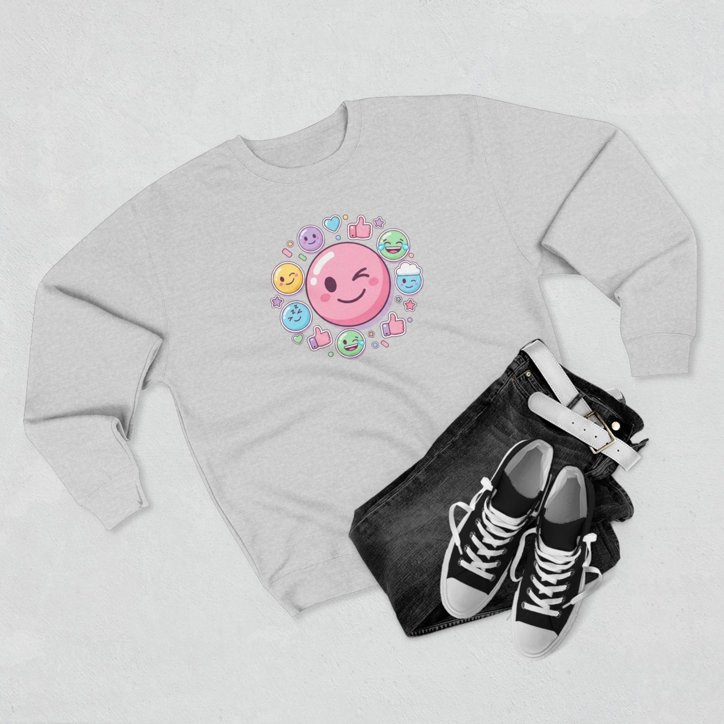 Emoji Smile Crewneck Sweatshirt — Cute Winking Face & Icon Circle Design