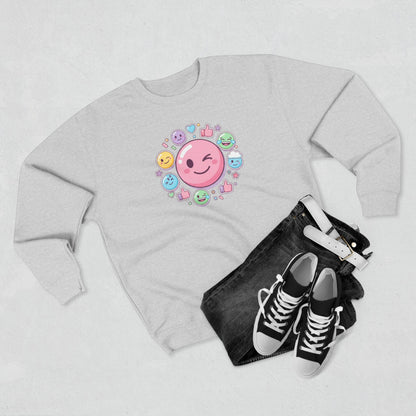 Emoji Smile Crewneck Sweatshirt — Cute Winking Face & Icon Circle Design