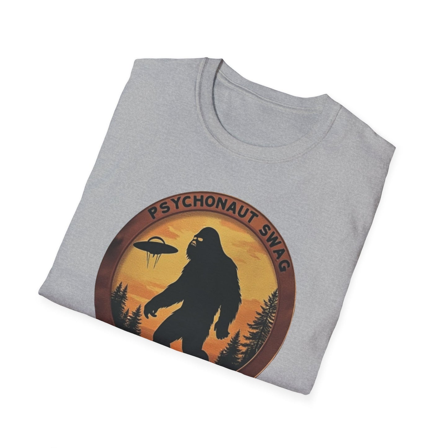 Bigfoot and UFO, Unisex Softstyle T-Shirt, Trendy Graphic Tee, Funny Bigfoot Shirt, Adventure Apparel, Gift for Nature Lovers