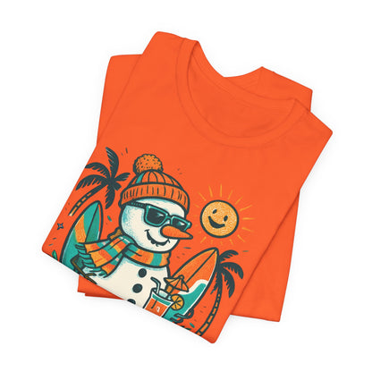 Frosty on Vacation Graphic Tee — Surfing Snowman with Drink Summer Holiday T-Shirt