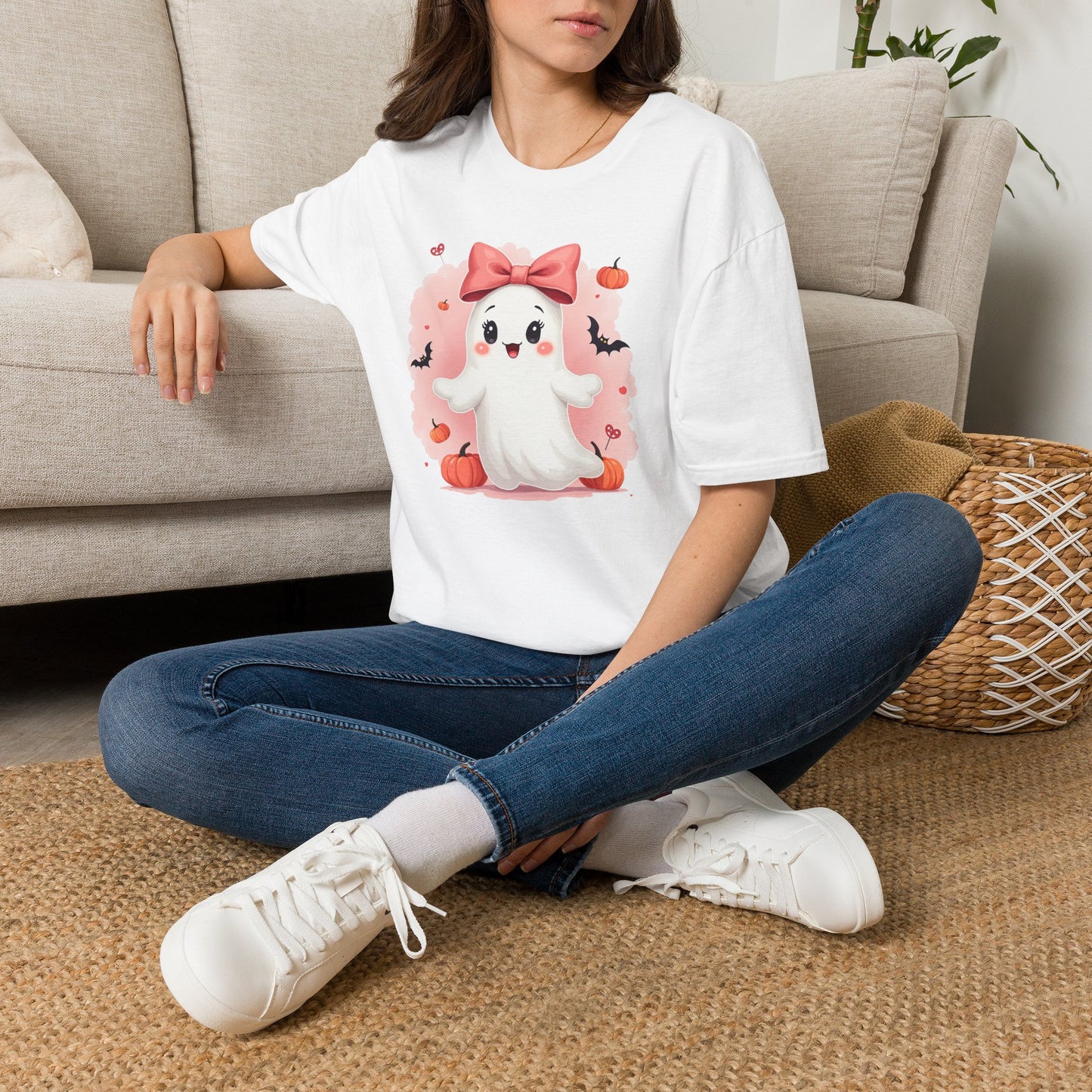 Cute Halloween Ghost T-Shirt — Pink Bow Ghost with Pumpkins & Bats