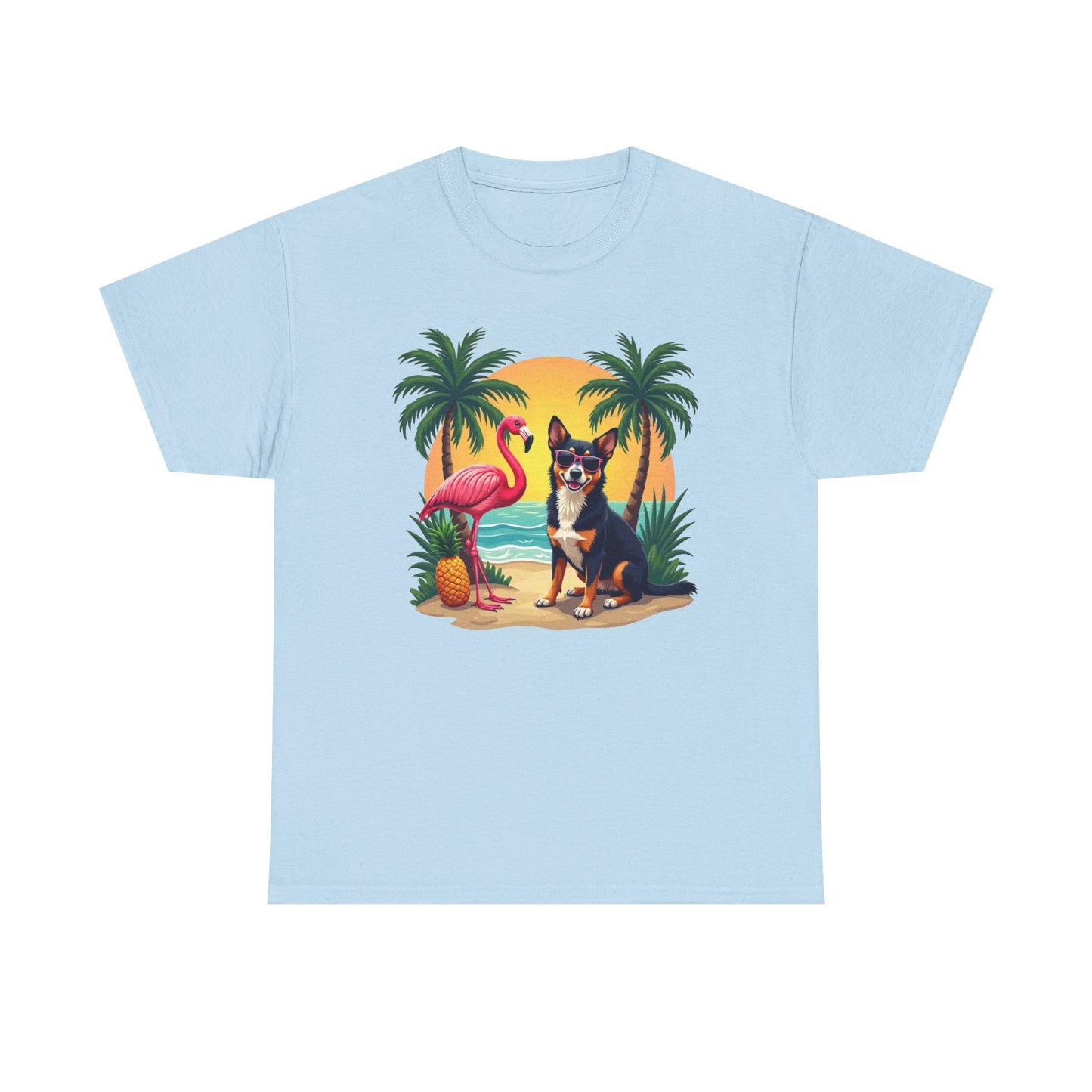 Dog Beach Sunset T-Shirt — Tropical Flamingo Palm Tee