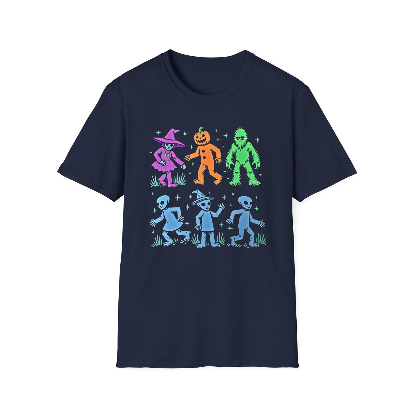 Halloween Monster Dance T-Shirt — Neon Witch, Pumpkin & Yeti Graphic Tee