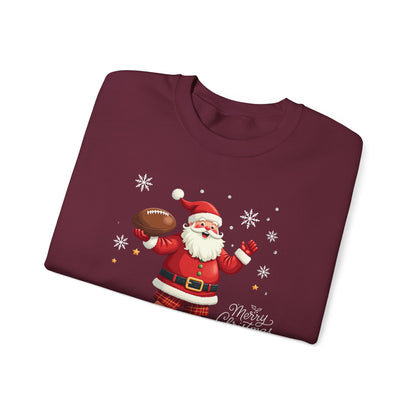 Santa Throwing Football, Christmas Sweatshirt - Jolly Santa with 'Merry Christmas' Graphic
