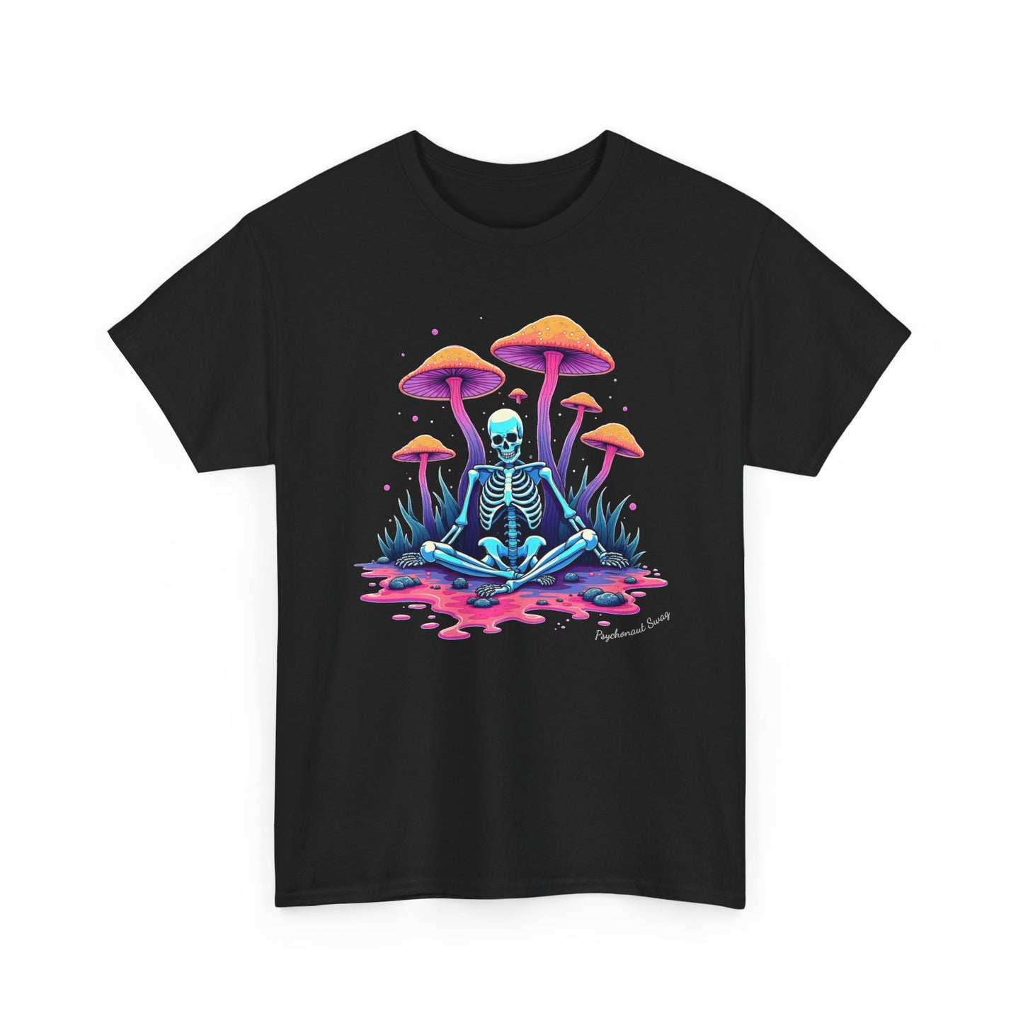 Psychedelic Mushroom Skeleton Near-Death Trip T‑Shirt — Neon Trippy Fungi Meditation Tee
