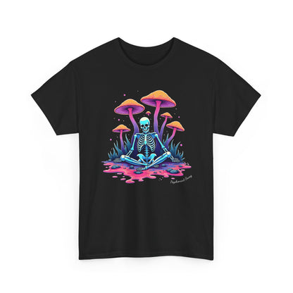 Psychedelic Mushroom Skeleton Near-Death Trip T‑Shirt — Neon Trippy Fungi Meditation Tee