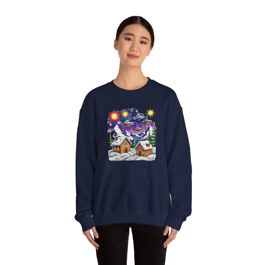 Crewneck Sweatshirt — Cozy Winter Cabin with UFO Nightscape