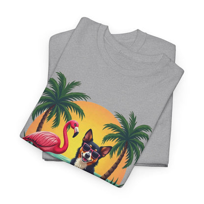 Dog Beach Sunset T-Shirt — Tropical Flamingo Palm Tee