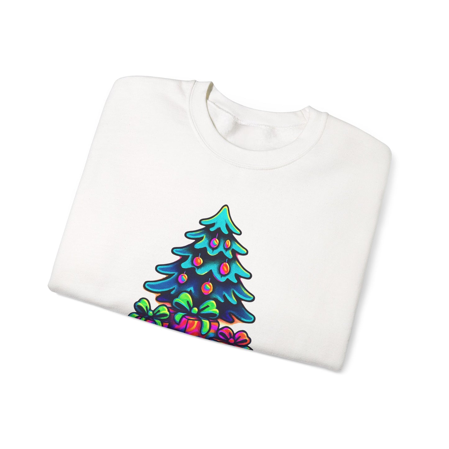 Psychedelic Christmas Tree Sweatshirt — Colorful Holiday Tree with Gifts Crewneck