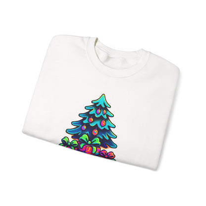 Psychedelic Christmas Tree Sweatshirt — Colorful Holiday Tree with Gifts Crewneck
