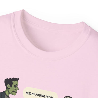 Funny Halloween Tee — Frankenstein & Mummy Coffee Joke Shirt