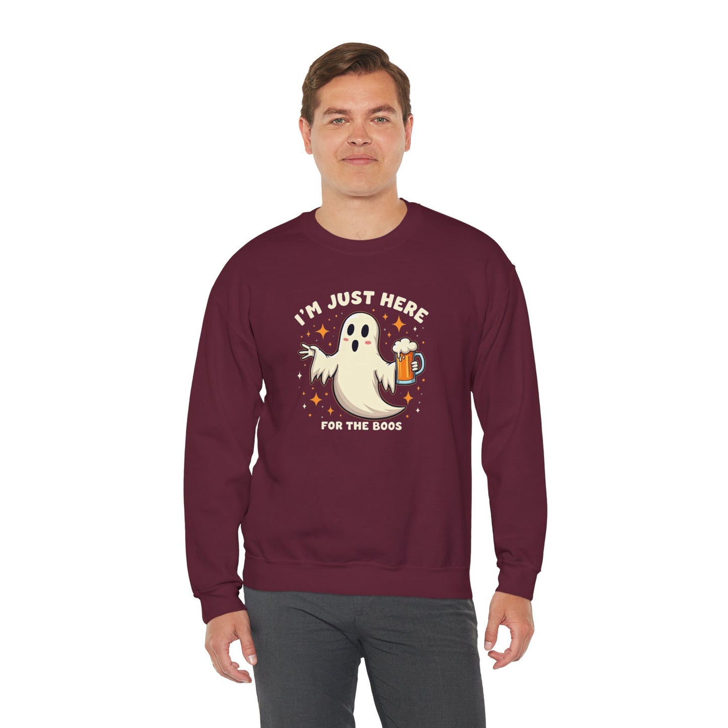 Halloween Ghost Sweatshirt — "I'm Just Here for the Boos" Cozy Crewneck