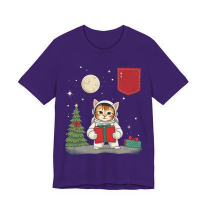 Christmas Cat Faux Pocket — Cute Holiday Cat Holding Gift Night Sky T-Shirt