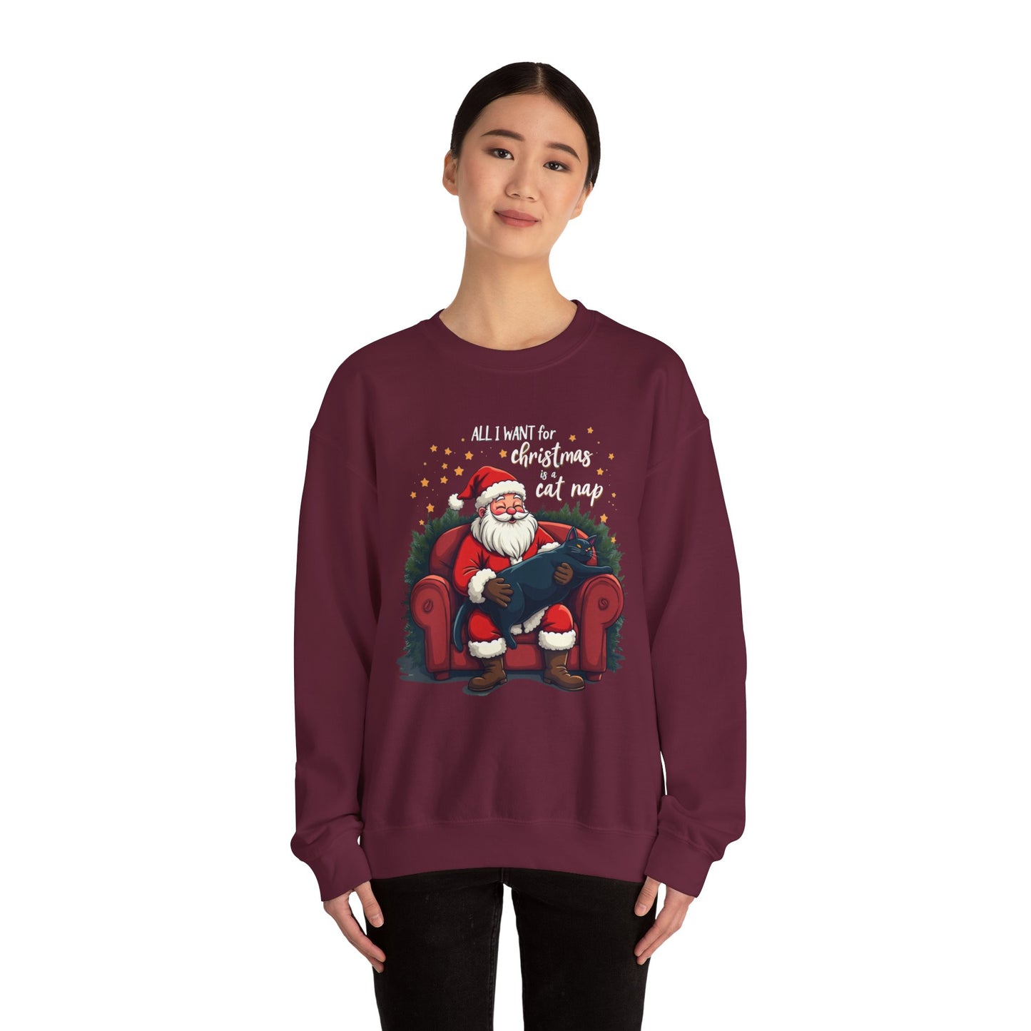 Christmas Cat Nap Sweatshirt – Santa Relaxing on Armchair