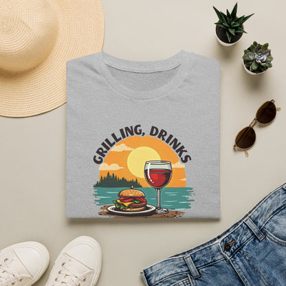 T-Shirt — Grilling, Drinks and Sunshine Retro Sunset BBQ Wine Tee