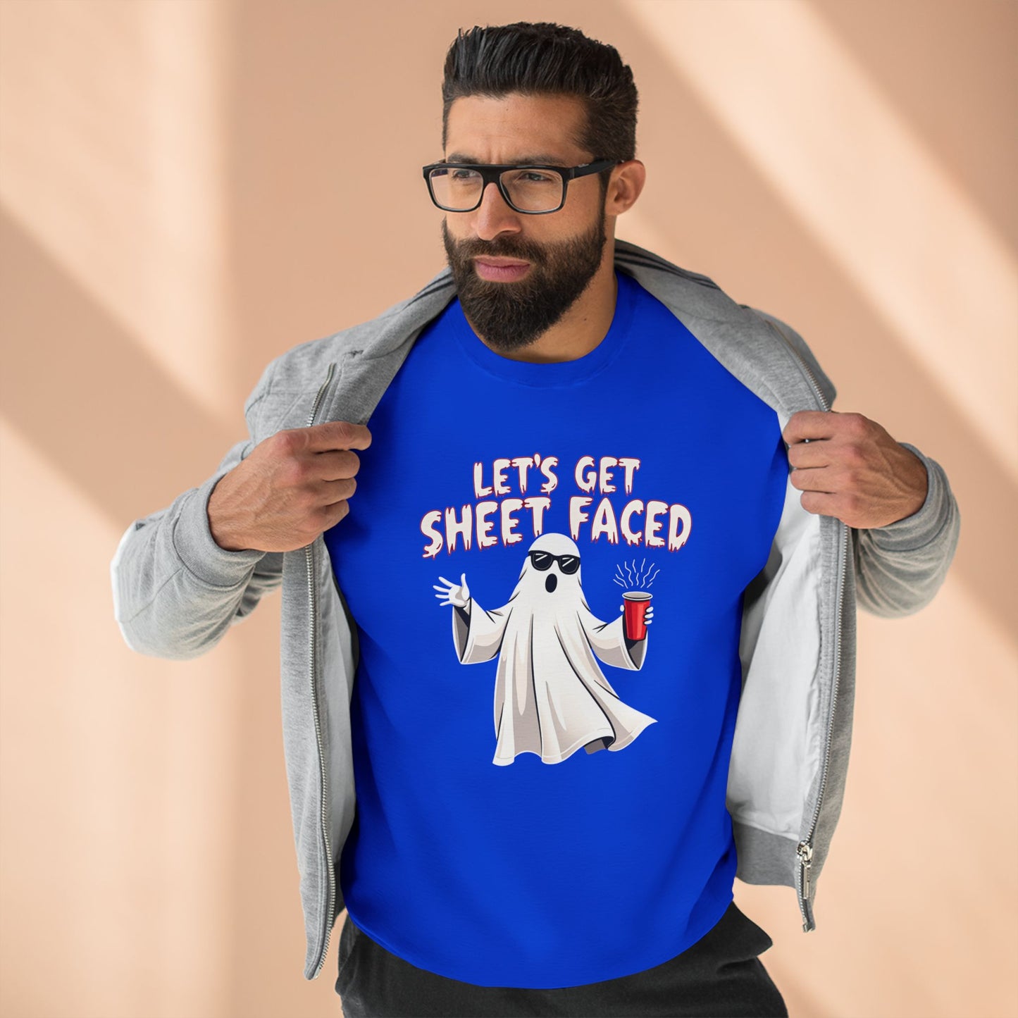 Halloween Ghost Sweatshirt — "Let's Get Sheet Faced" Funny Party Crewneck