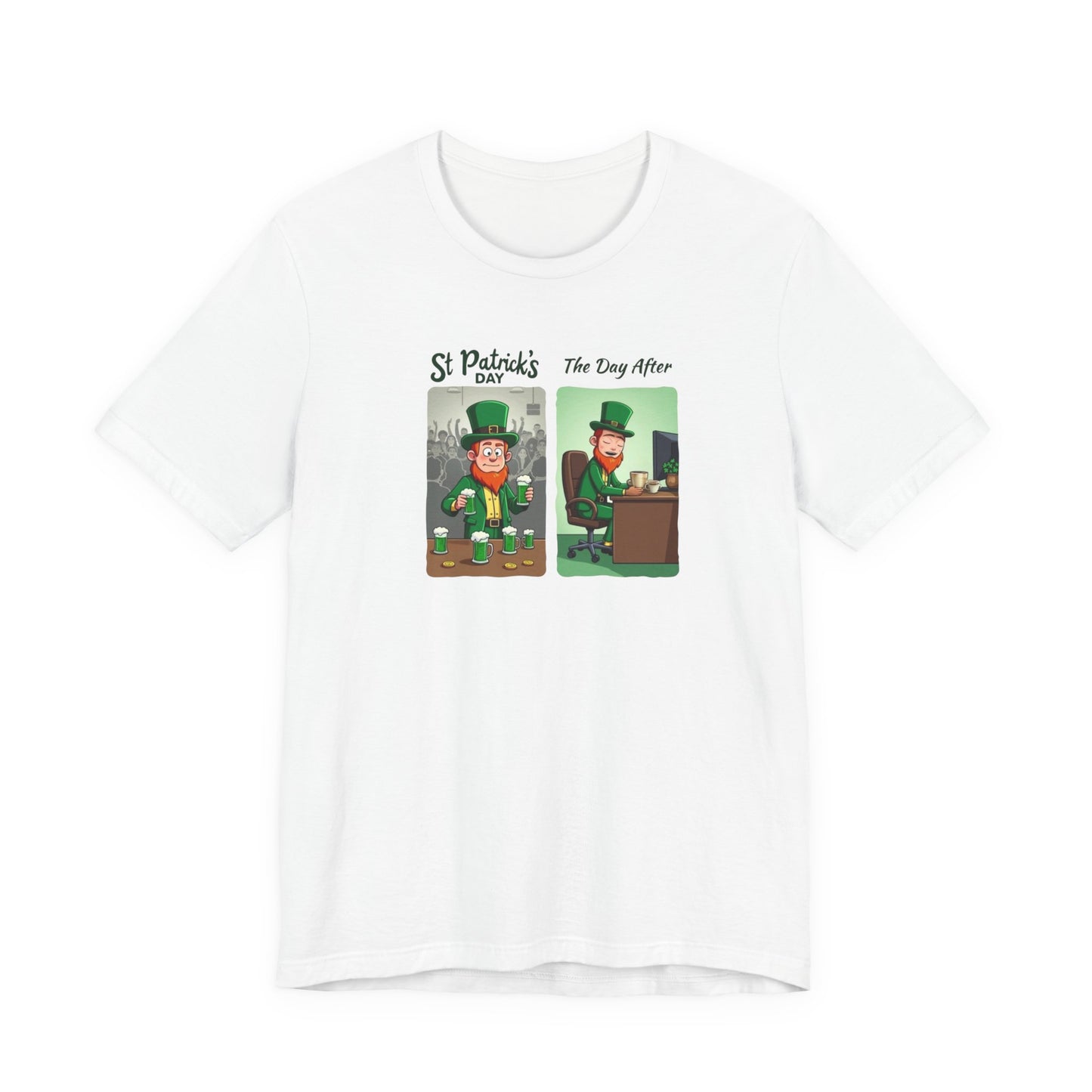 St. Patrick's Day Leprechaun Funny Cartoon T-Shirt — "St. Patrick's Day / The Day After" Tee