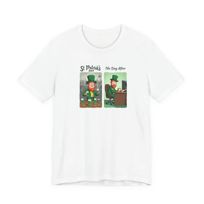 St. Patrick's Day Leprechaun Funny Cartoon T-Shirt — "St. Patrick's Day / The Day After" Tee