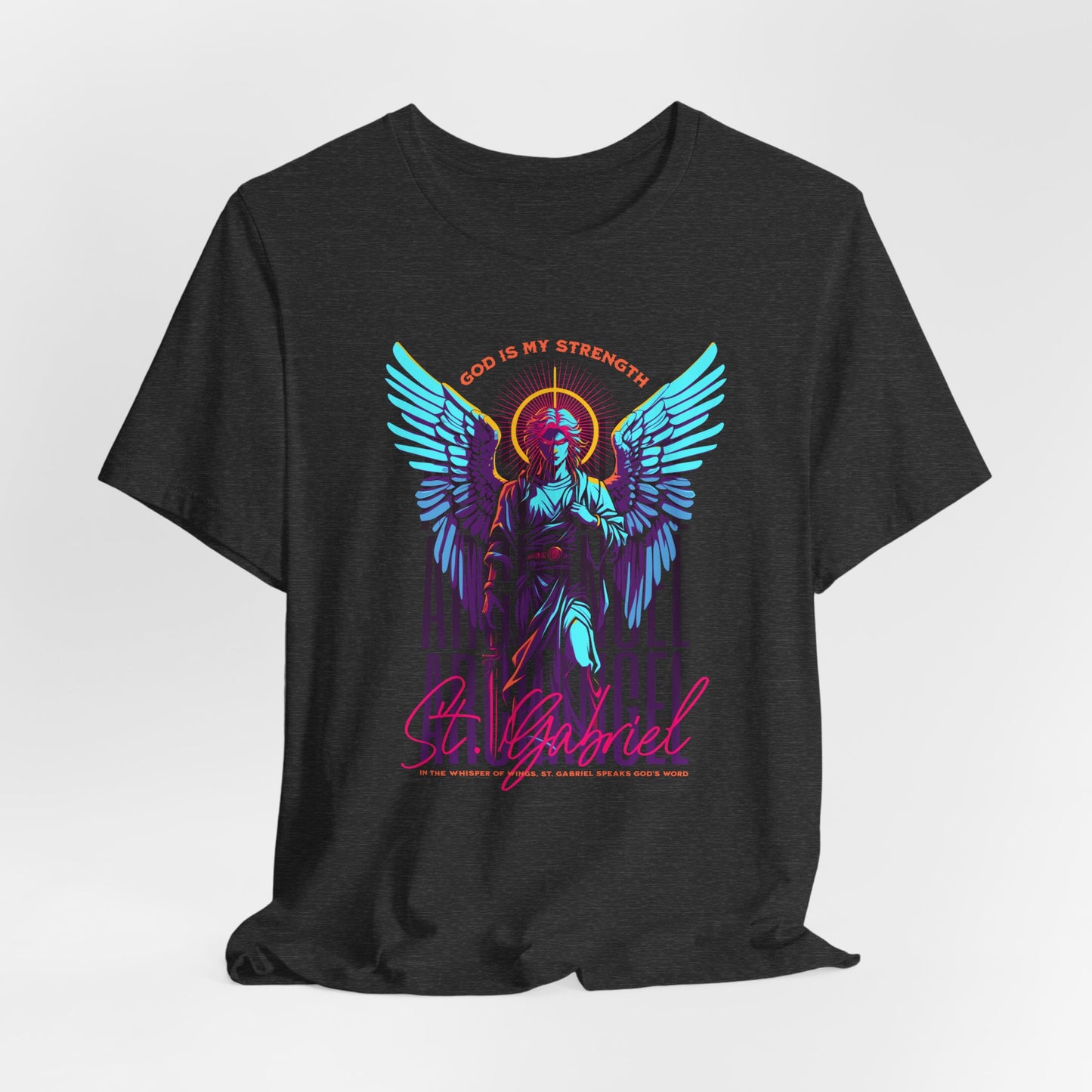 St. Gabriel Angel Tee — "God Is My Strength" Neon Graphic T-Shirt